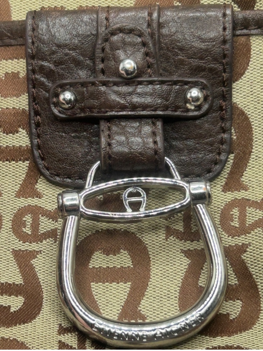 ETIENNE AIGNER Y2K VTG Baguette Shoulder Bag Monogram Print Horsebit Brown Beige - Picture 7 of 15